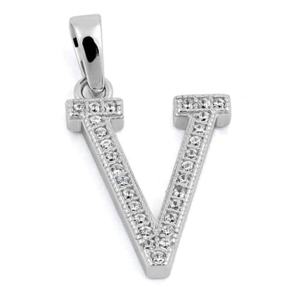 Sterling Silver Letter V CZ Initial Pendant